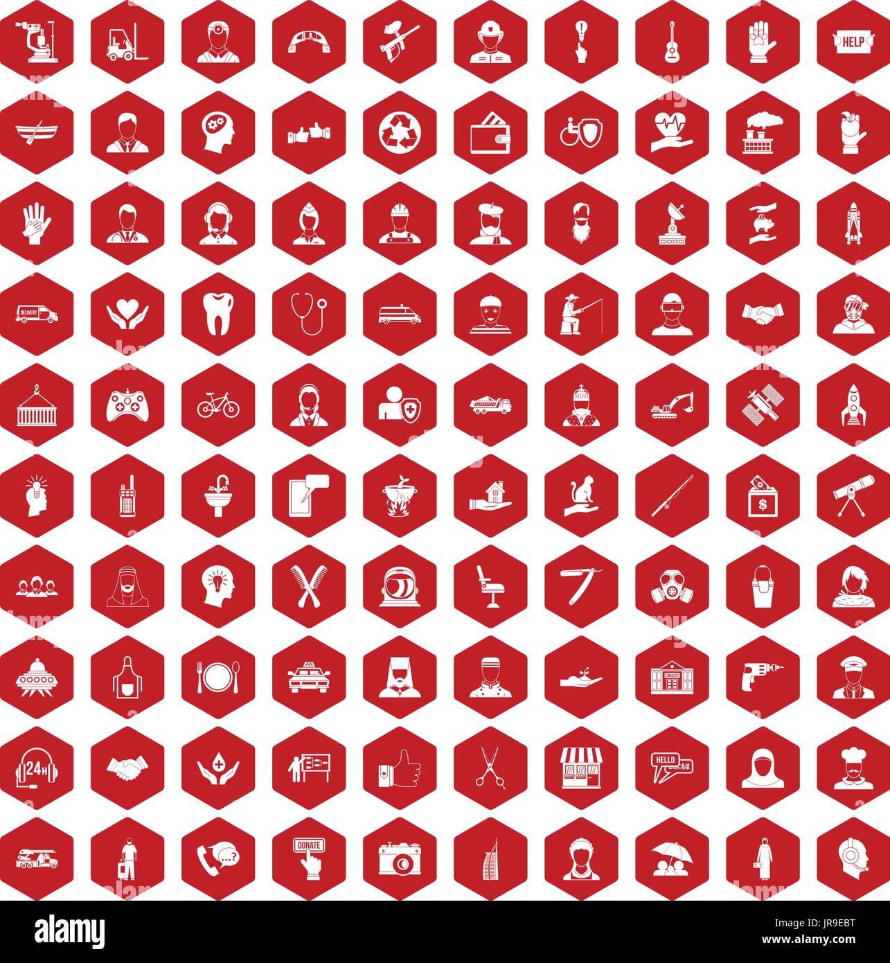 100 human resources icons hexagon red Stock Vector