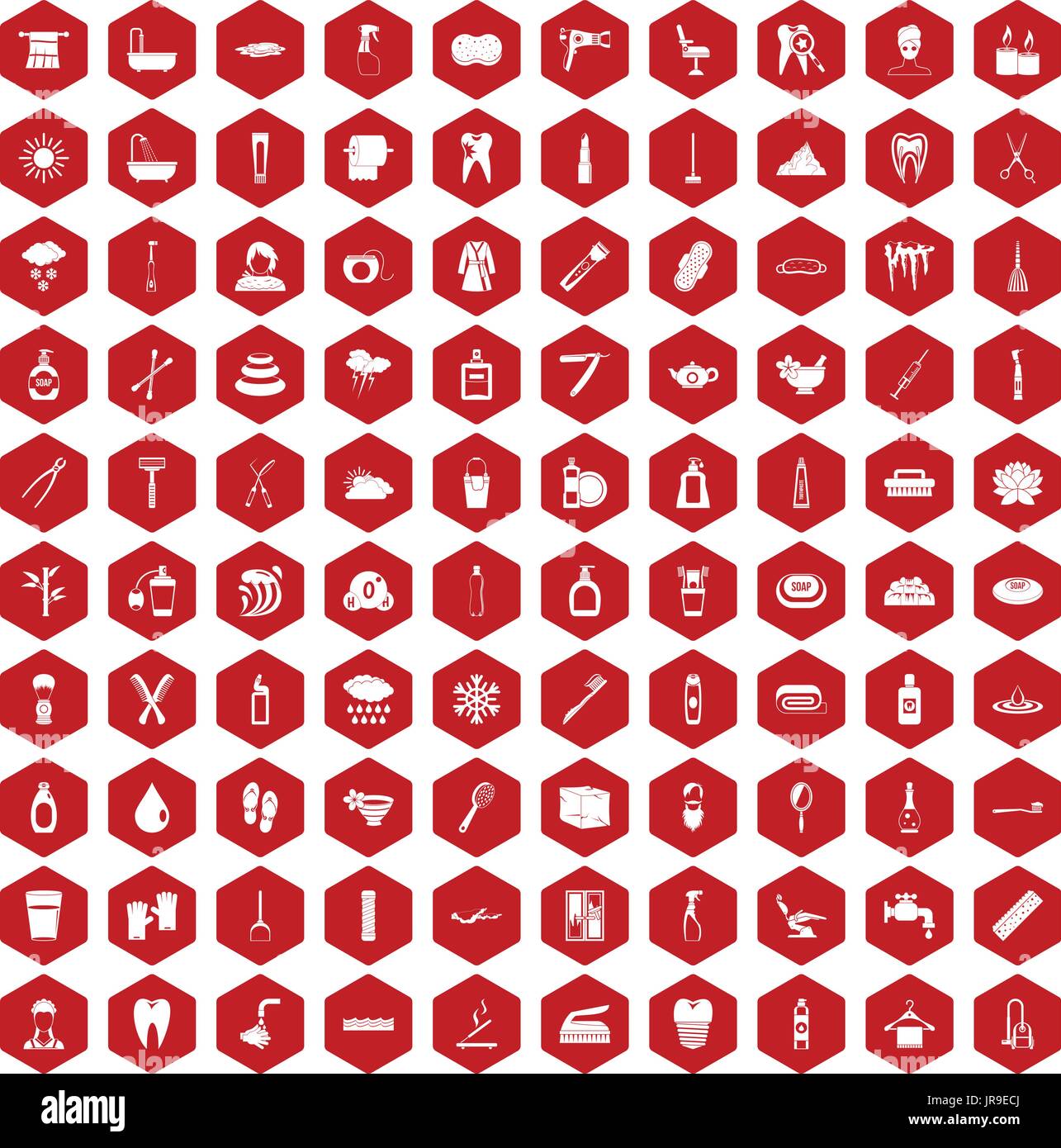 100 hygiene icons hexagon red Stock Vector