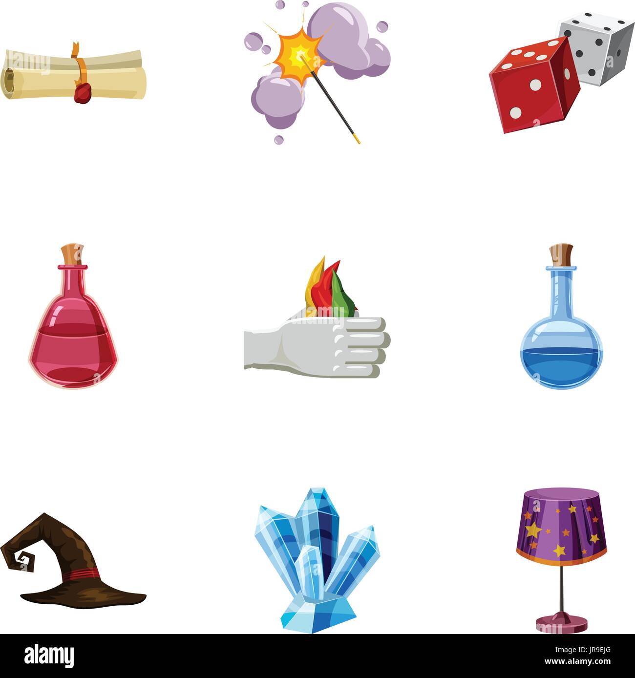 Magic tricks icons set, cartoon style Stock Vector
