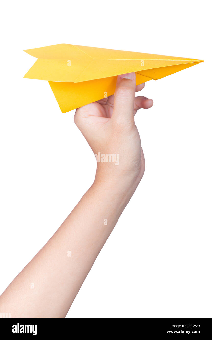 hand holding paper plane isolated on white Stock Photo