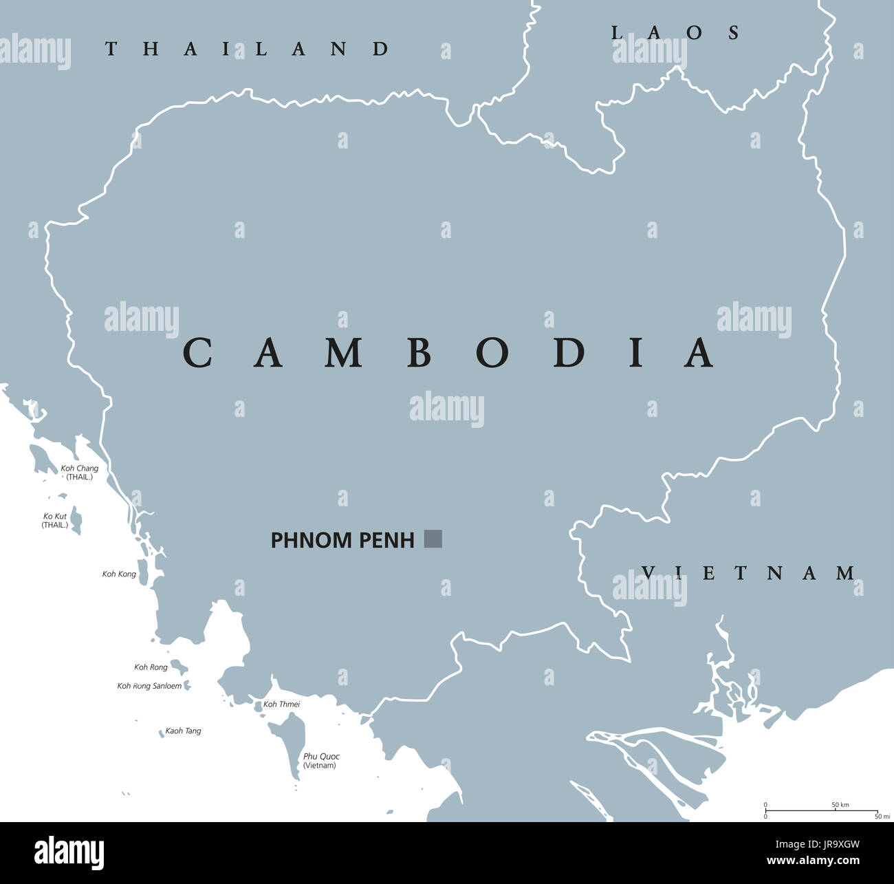 Cambodia political map with capital Phnom Penh and English labeling. Kampuchea, a kingdom and country in Southeast Asia. Illustration. Stock Photo