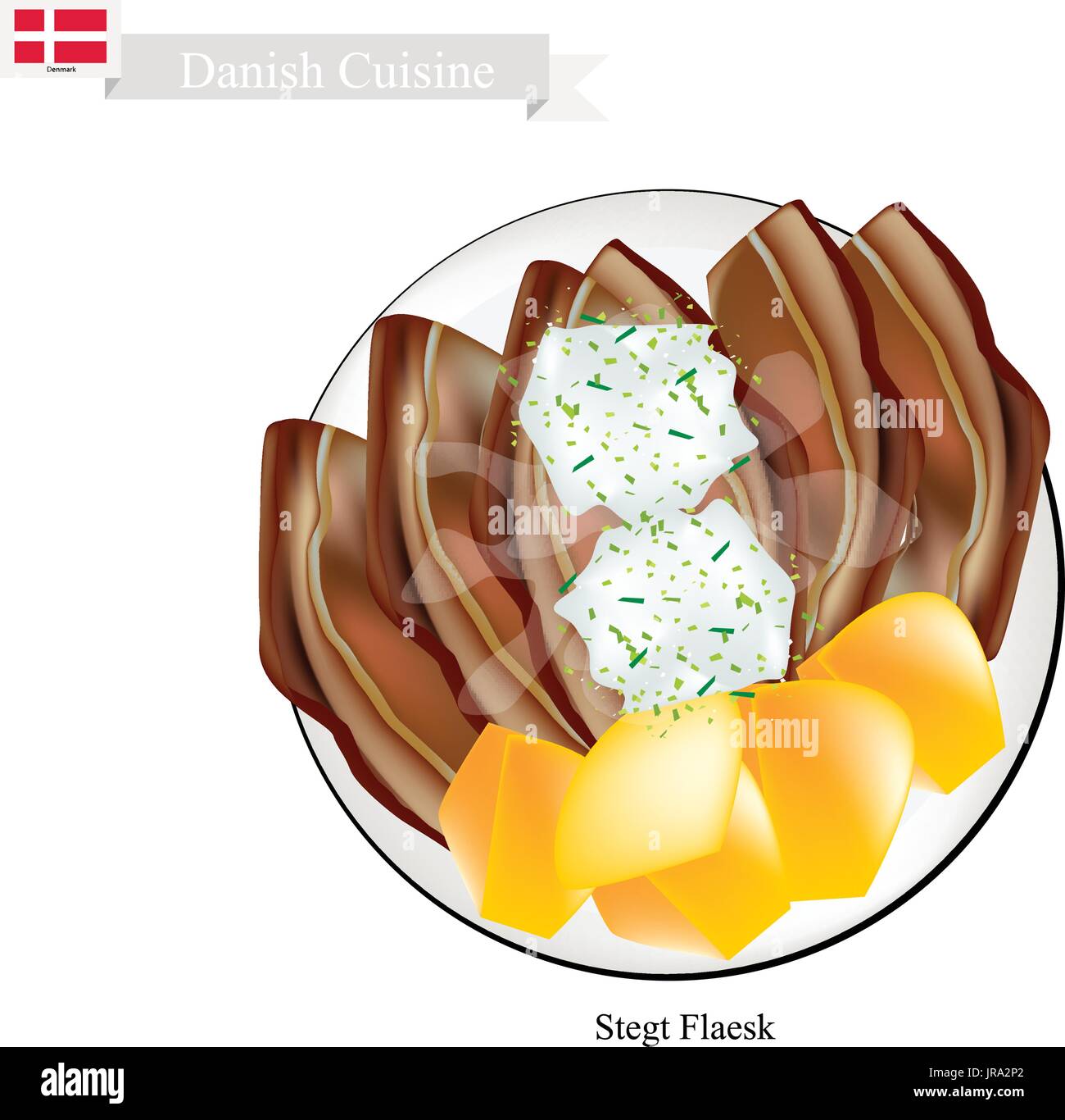 Danish Cuisine, Illustration of Stegt Flaesk or Traditional Fried Pork Belly Served with