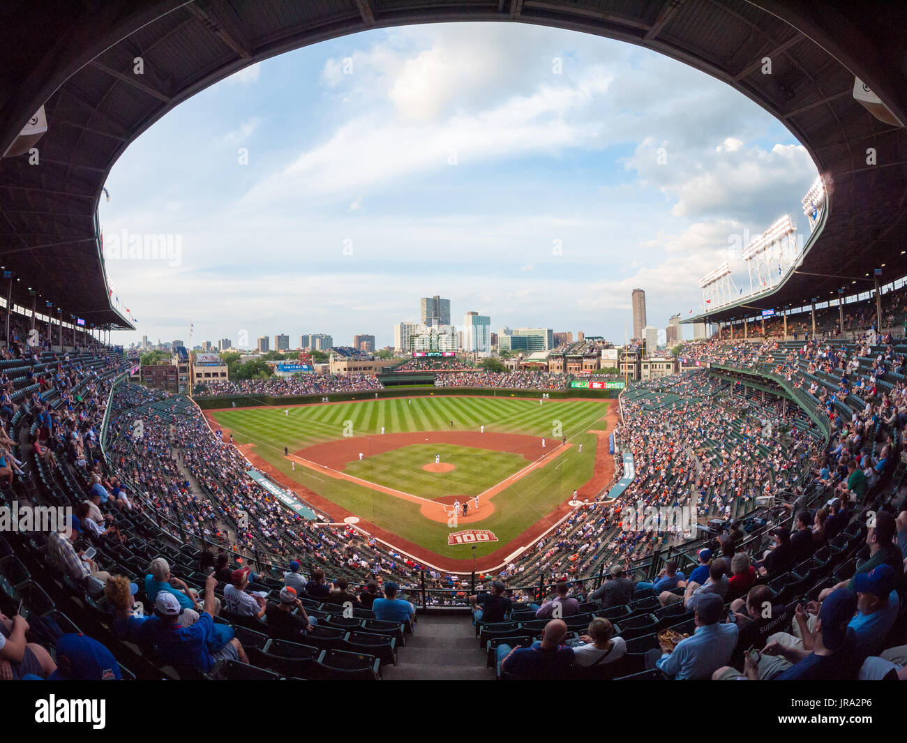A fisheye, wide angle view of Wrigley Field during a Chicago Cubs and San Francisco Giants baseball game on August 20, 2014. Wrigley Field, Chicago. Stock Photo