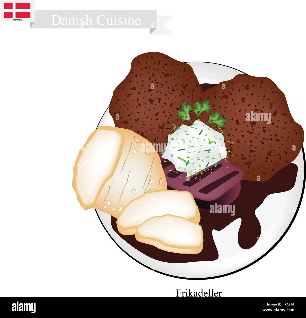 Danish Cuisine, Illustration of Frikadeller or Traditional Pan Fried Ground Beef Patty Served with Boiled Potatoes and Gravy or Creamed Cabbage. One o Stock Vector