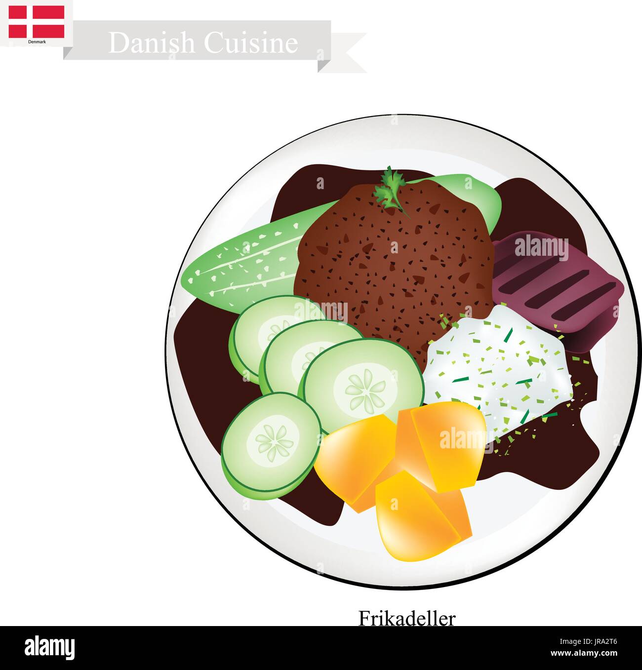 Danish Cuisine, Illustration of Frikadeller or Traditional Pan Fried Ground Beef Patty Served with Boiled Potatoes, Cucumber and Gravy or Creamed Cabb Stock Vector