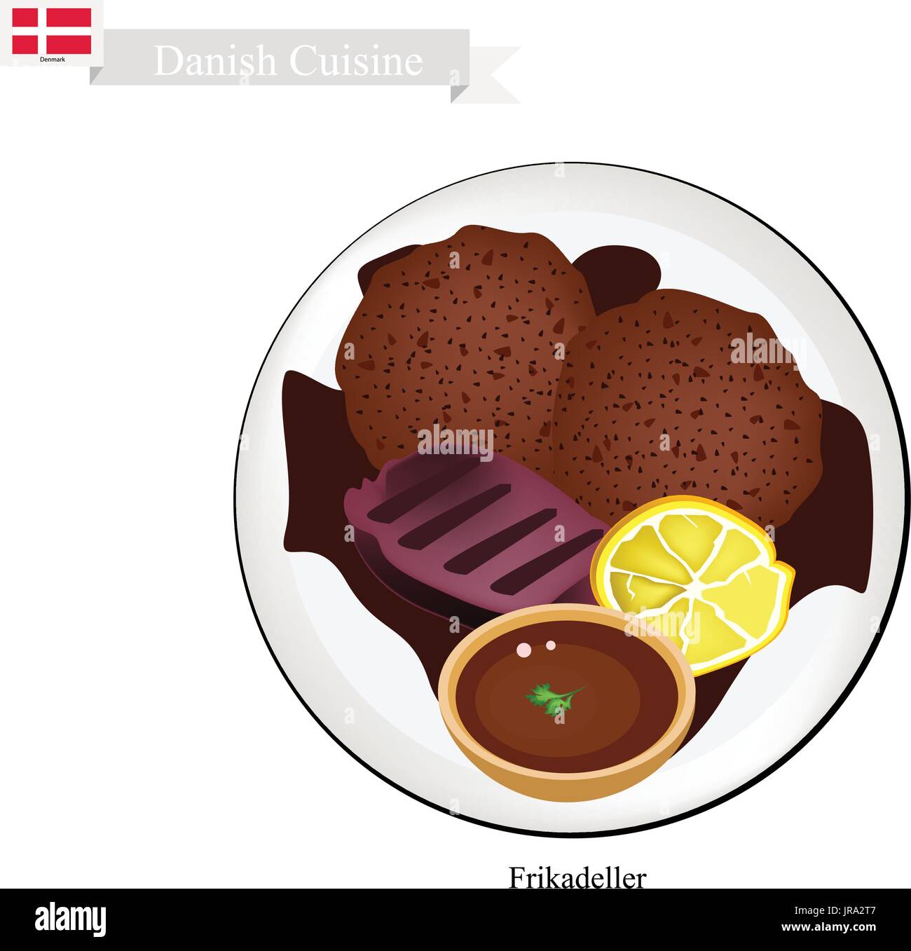 Danish Cuisine, Illustration of Frikadeller or Traditional Pan Fried Ground Beef Patty Served with Gravy and Slice Lemon. One of The Most Famous Dish  Stock Vector