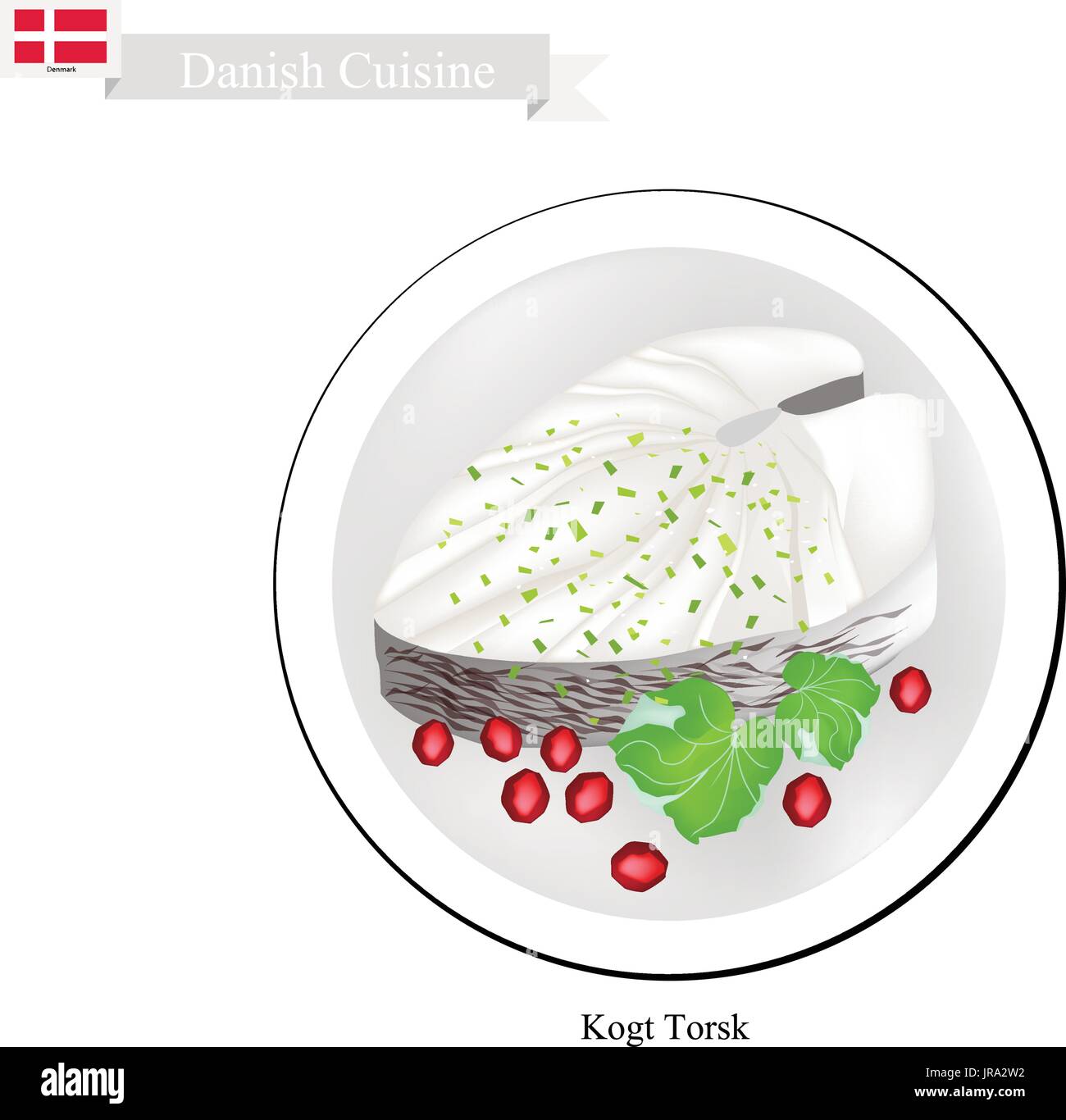Danish Cuisine, Illustration of Kogt Torsk or Traditional Boiled Cod Fillet Served with Parsley