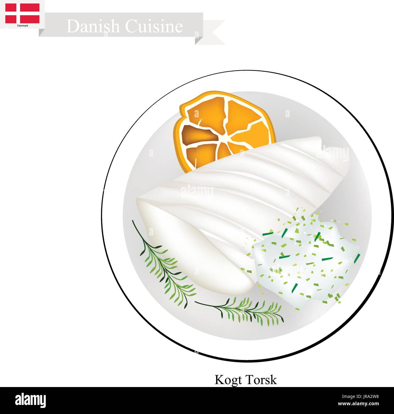 Danish Cuisine, Illustration of Kogt Torsk or Traditional Boiled Cod Fillet Served with Parsley