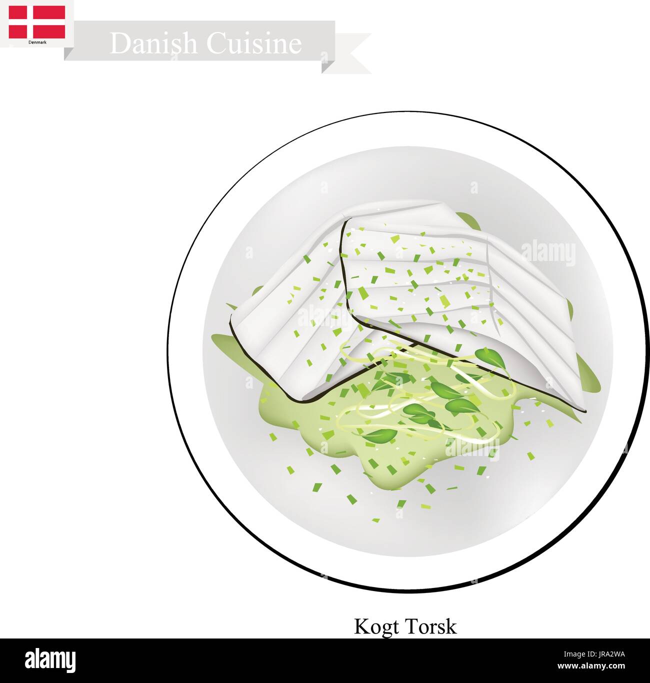 Danish Cuisine, Illustration of Kogt Torsk or Traditional Boiled Cod Fillet Served with Parsley