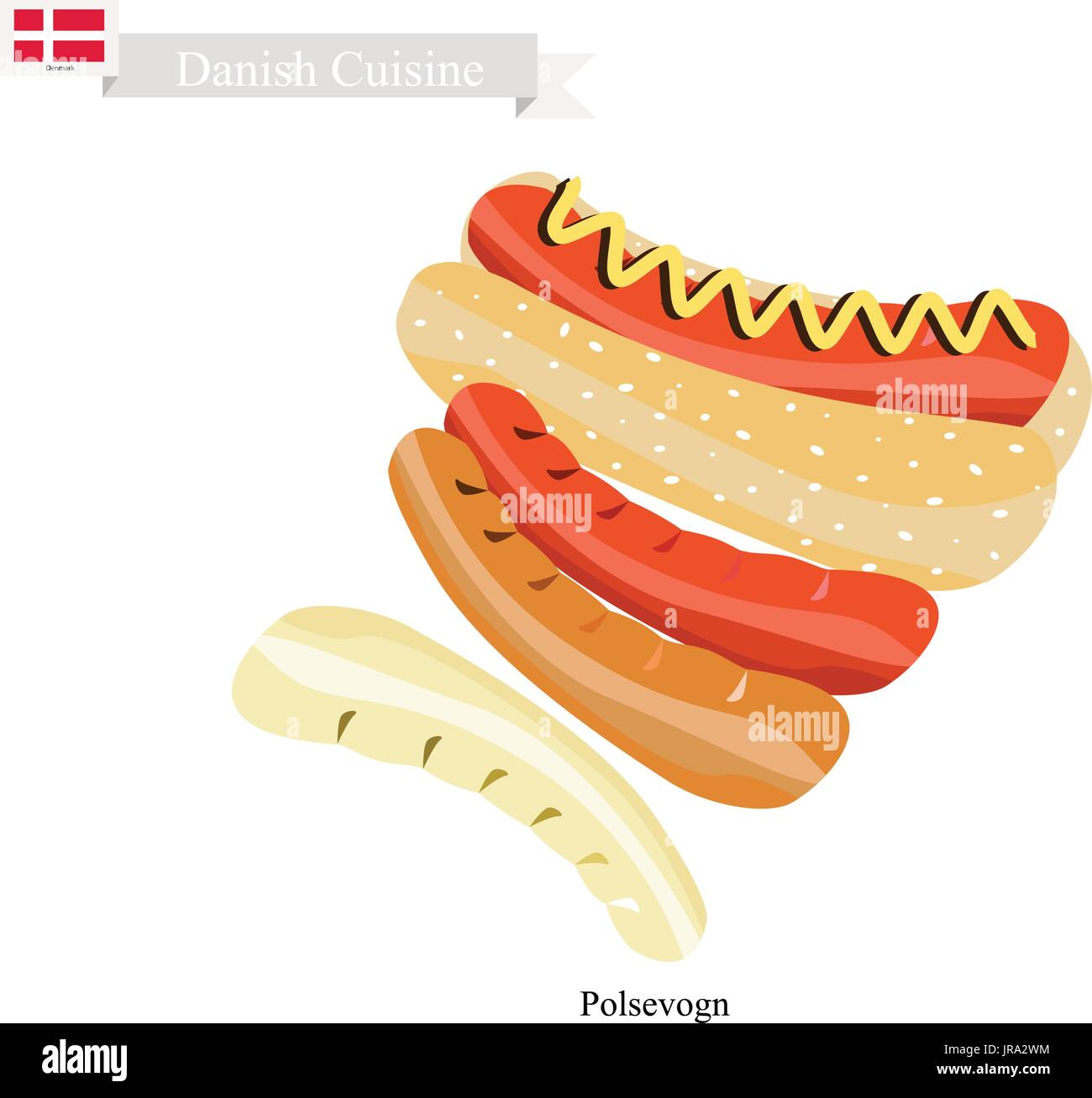 Danish Cuisine, Illustration of Polsevogn or Traditional Hot Dog Made