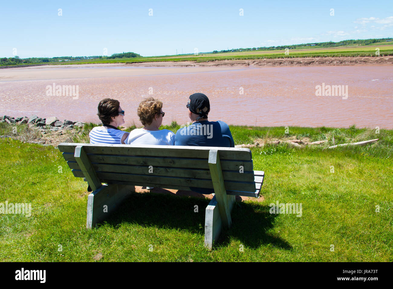 Tourists watching the Tidal Bore at the Viewing Visitor Centre, Nova Scotia, Canada Stock Photo