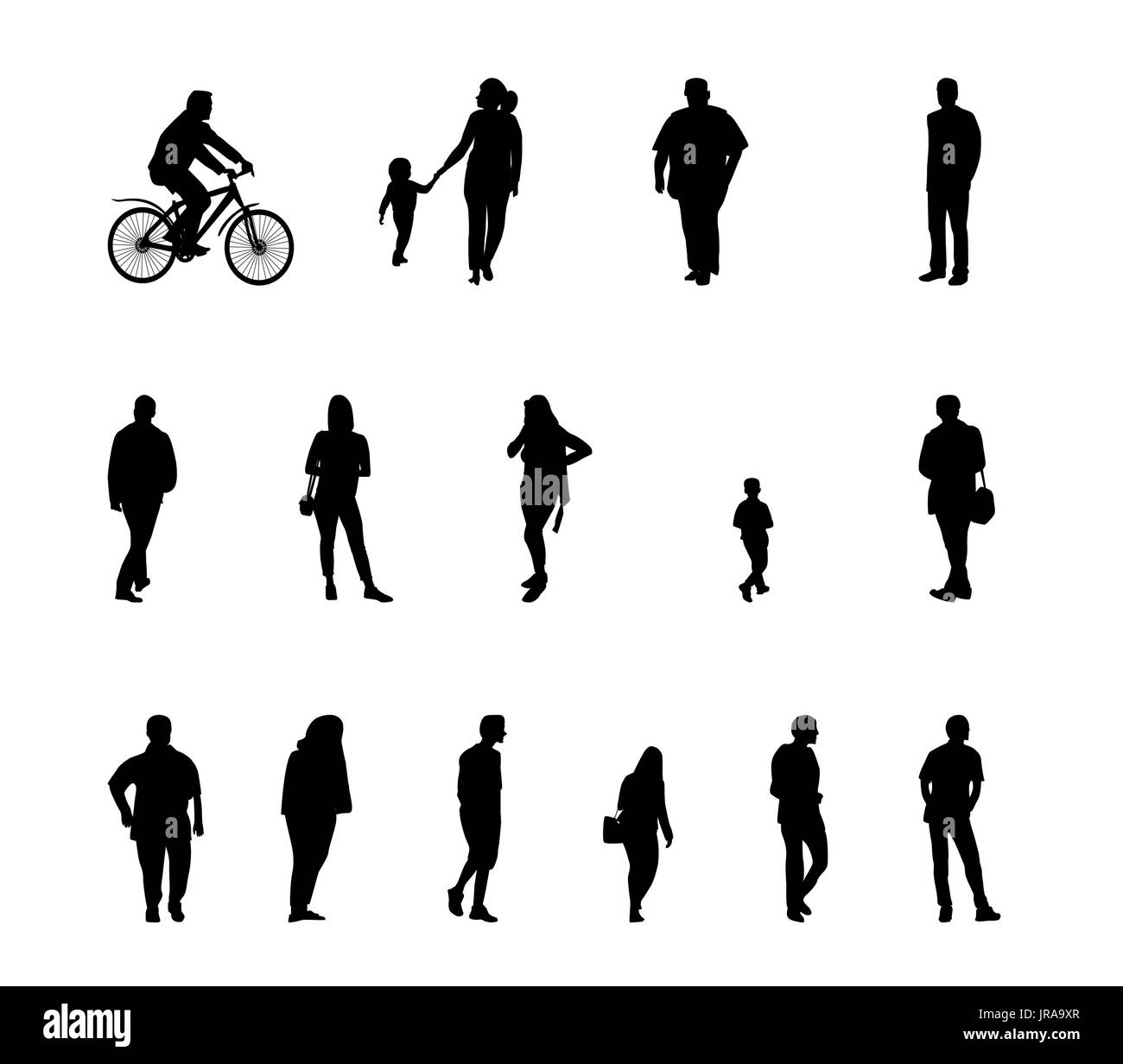 Set of Silhouette Walking People and Children. Vector Illustrati Stock Vector