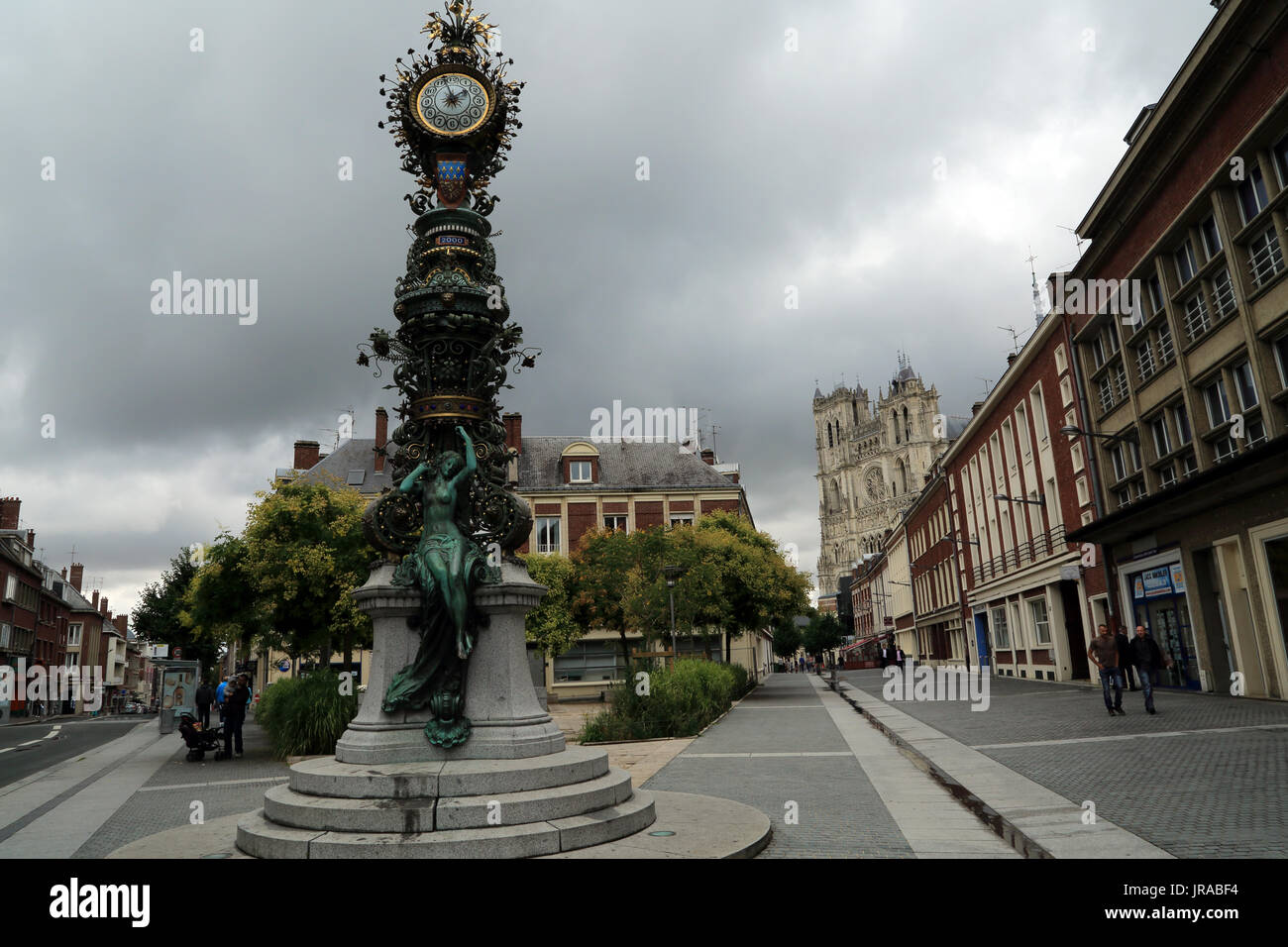 Marie sans chemise - horloge dewailly (architectural clock) made by Emile Ricquier and Albert Roze, Rue des Sergents, Amiens, Somme, France Stock Photo