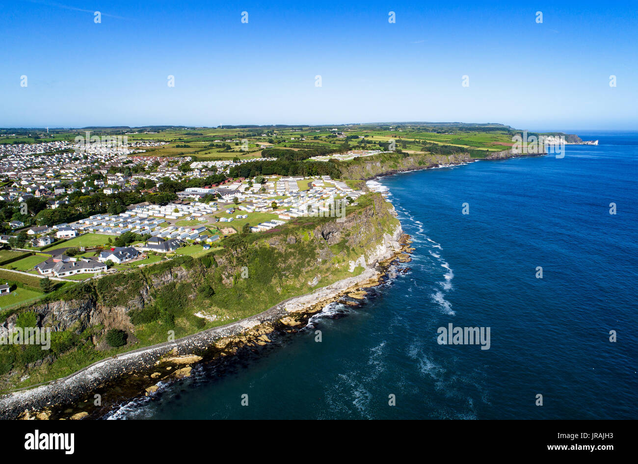 Aerial view of Ballycastle with steep cliffs. Atlantic coast, County Antrim, Northern Ireland, UK Stock Photo