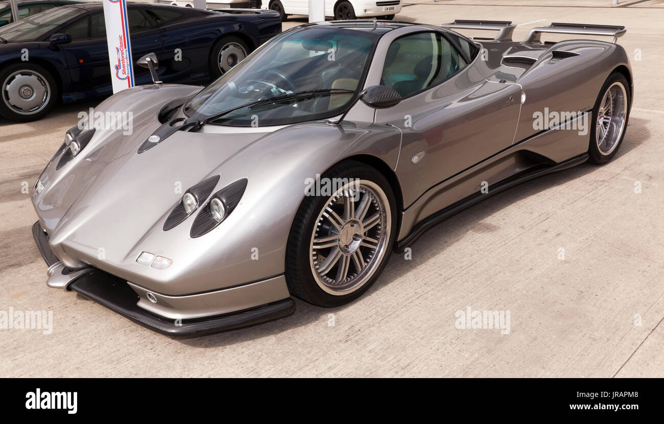 A Three-quarter view of a Pagani Zonda  S, on static display in the International Paddock, at the 2017 Silverstone Classic Stock Photo