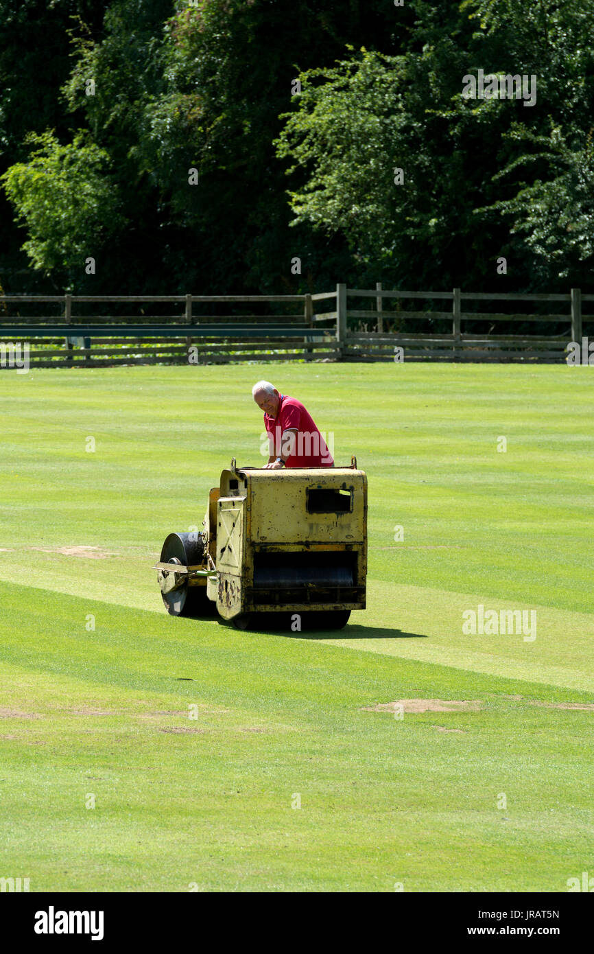 A man rolling the village cricket pitch, Rushton, Northamptonshire, England, UK Stock Photo