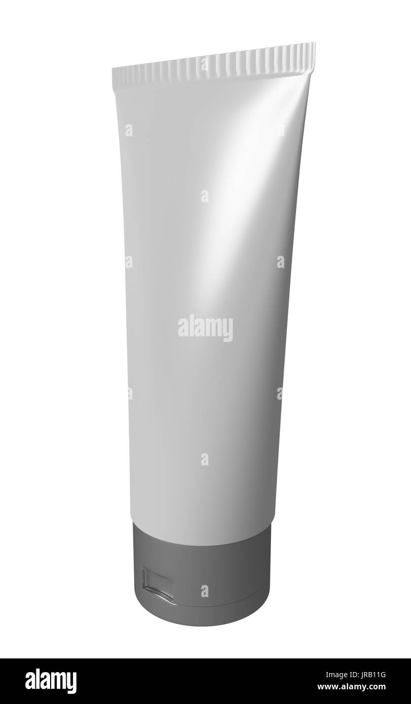 3D realistic white blank cosmetic tube mock-up with grey lid isolated on clean white background with shadow. Clipping path. Stock Photo