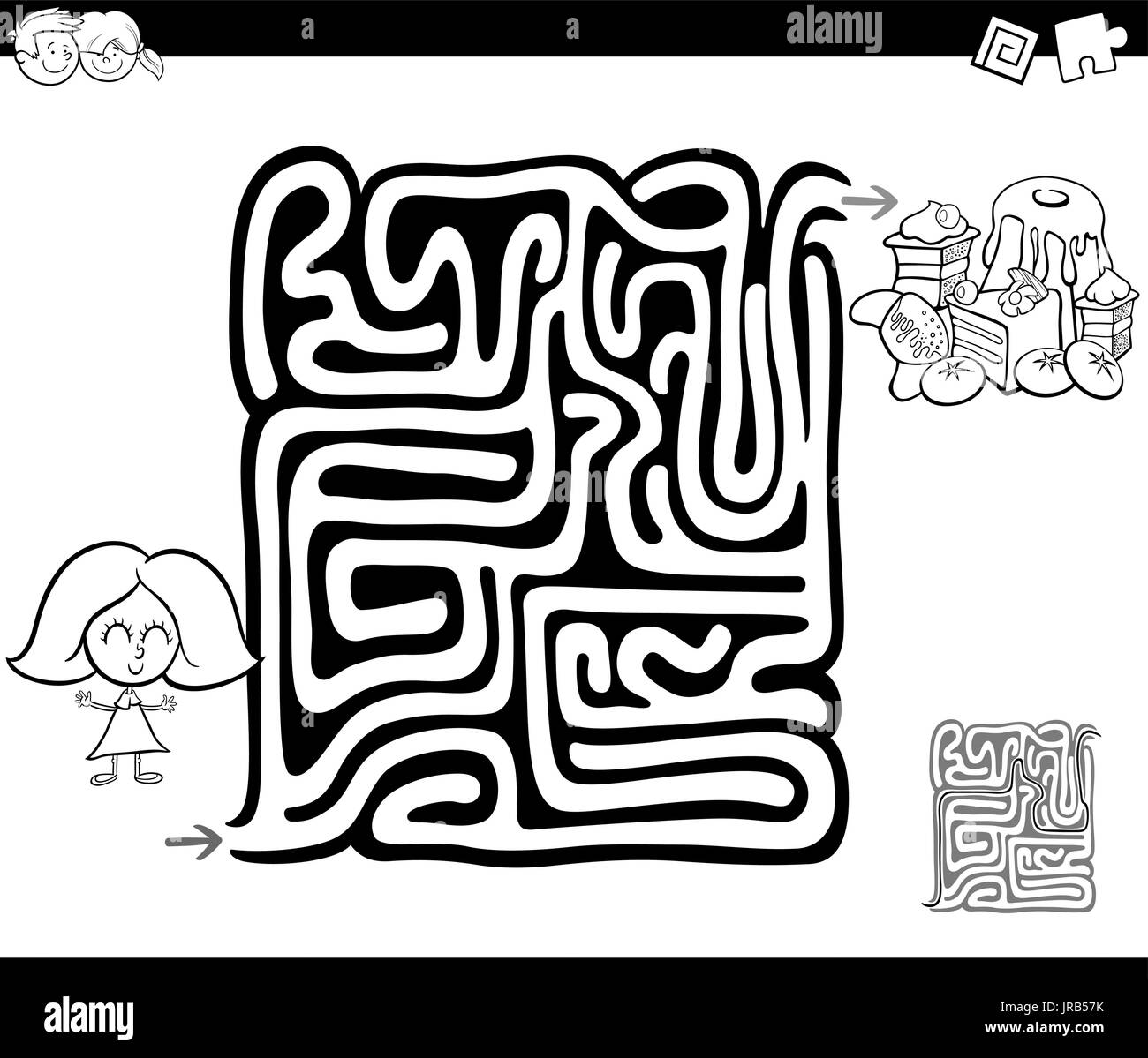 Black and White Cartoon Illustration of Education Maze or Labyrinth Game for Children with Little Girl and Sweet Food Coloring Page Stock Vector