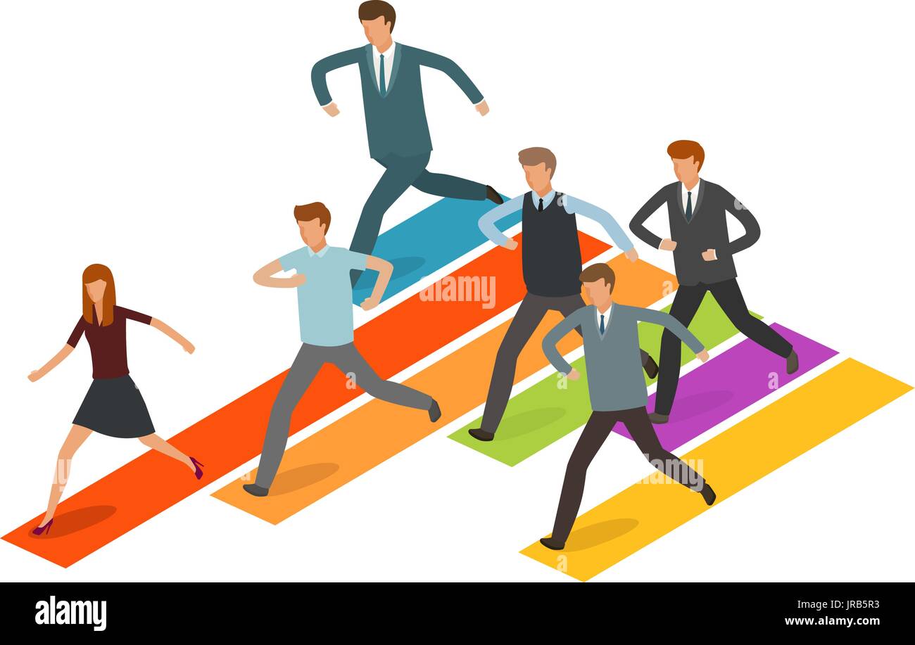 Education concept. Group of business people or students running to the goal. Infographics vector illustration Stock Vector