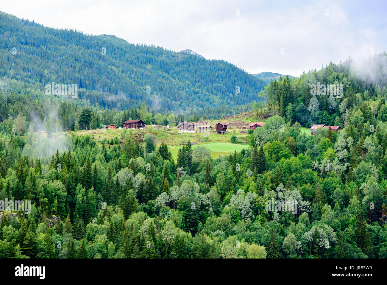 Remote unknown village in the mountains as seen from route 40 in Norway. Stock Photo