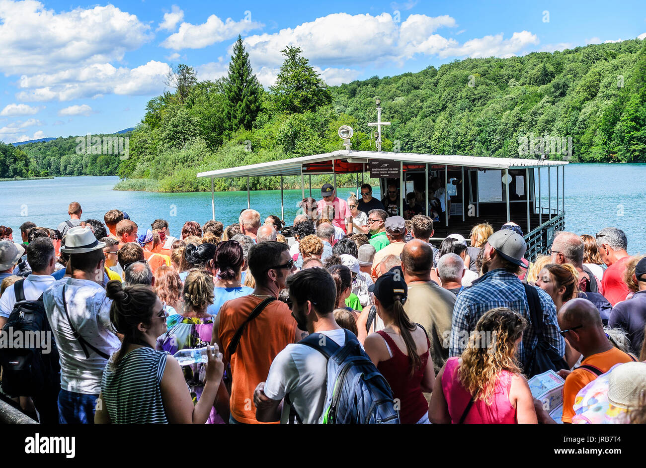 Ferry in the Plitvice Lakes. Stock Photo