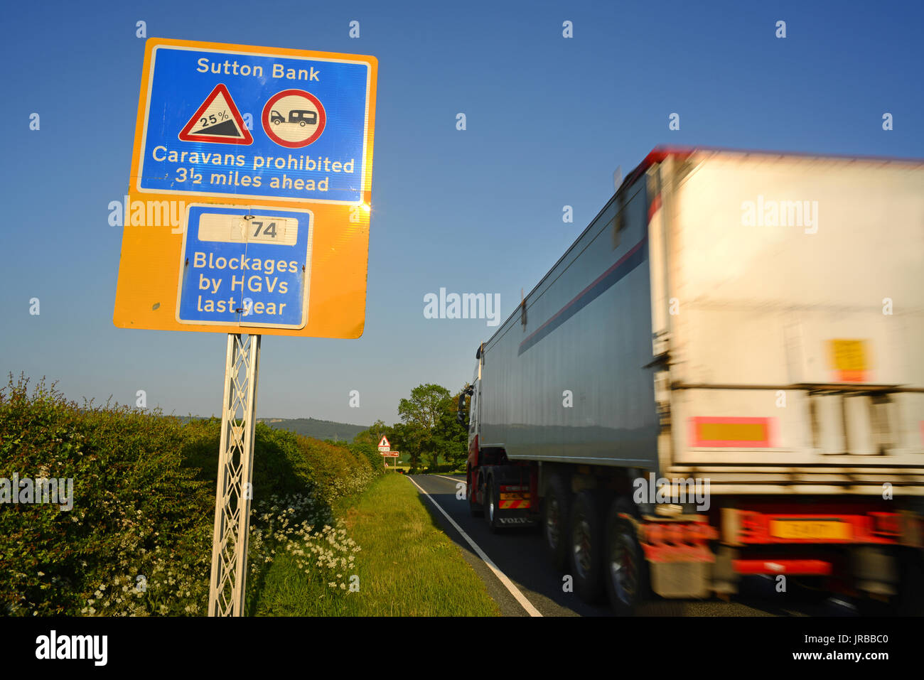 warning for hgv drivers of very steep hill, sutton bank ahead north yorkshire moors united kingdom Stock Photo