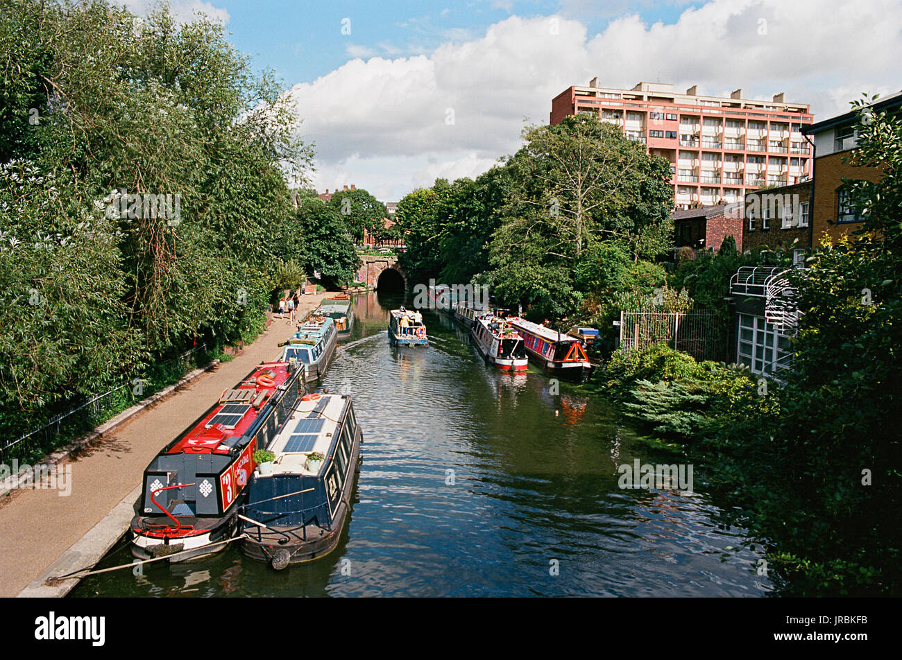 The Regents Canal from the Caledonian Road, near Kings Cross, North London UK, looking towards the Islington Tunnel Stock Photo