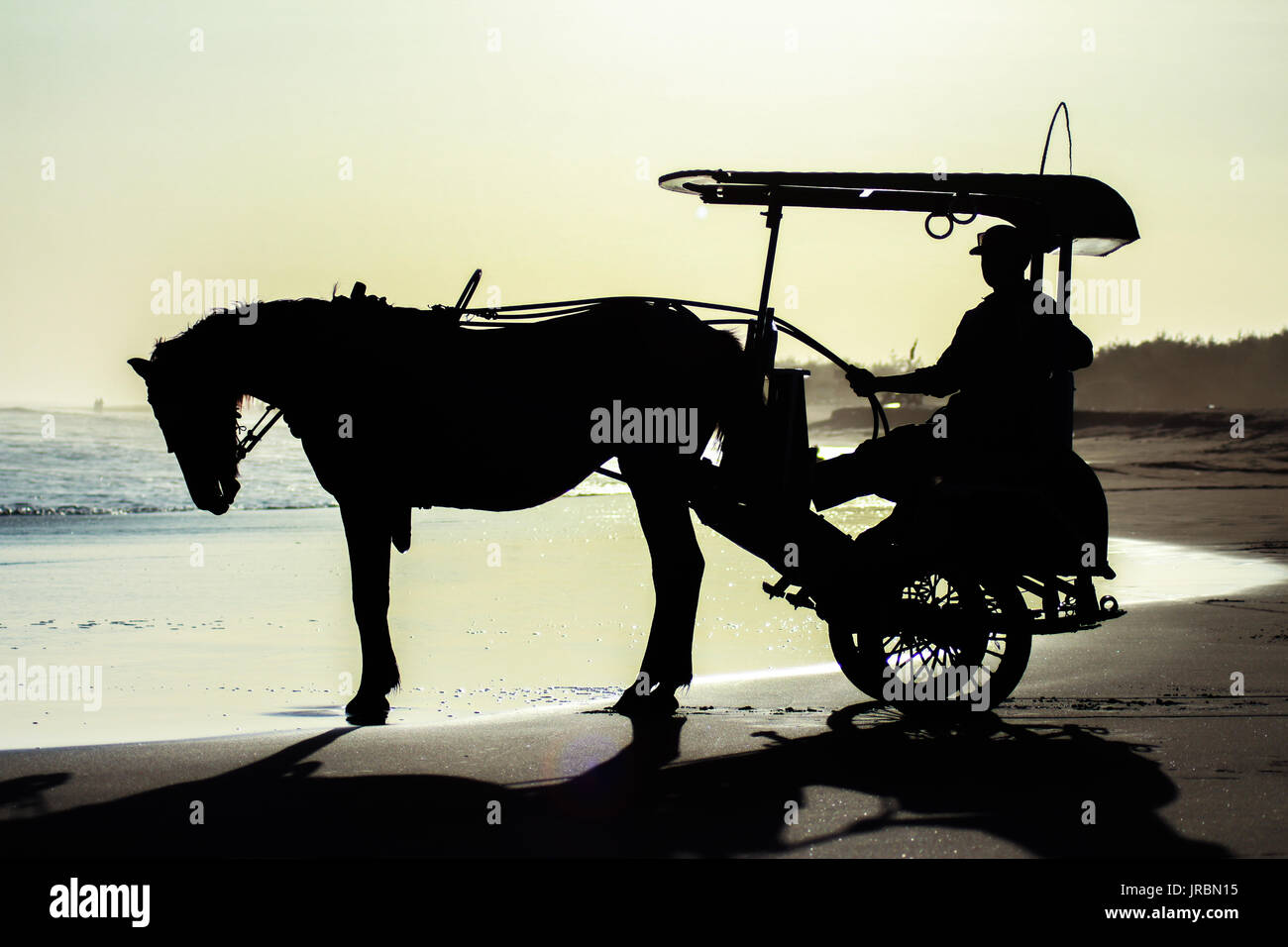 Silhouette of a horse carriage and its coachman at dusk in Parangtritis Beach, Special Region of Yogyakarta, Indonesia Stock Photo