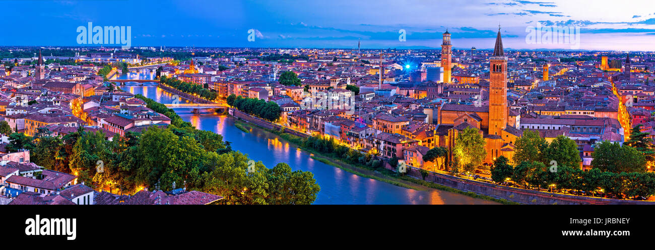 Verona old city and Adige river panoramic aerial view at evening ...