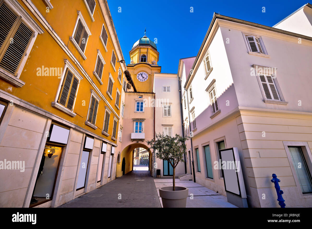 City of Rijeka main square and clock tower view, Kvarner bay, Croatia Stock Photo