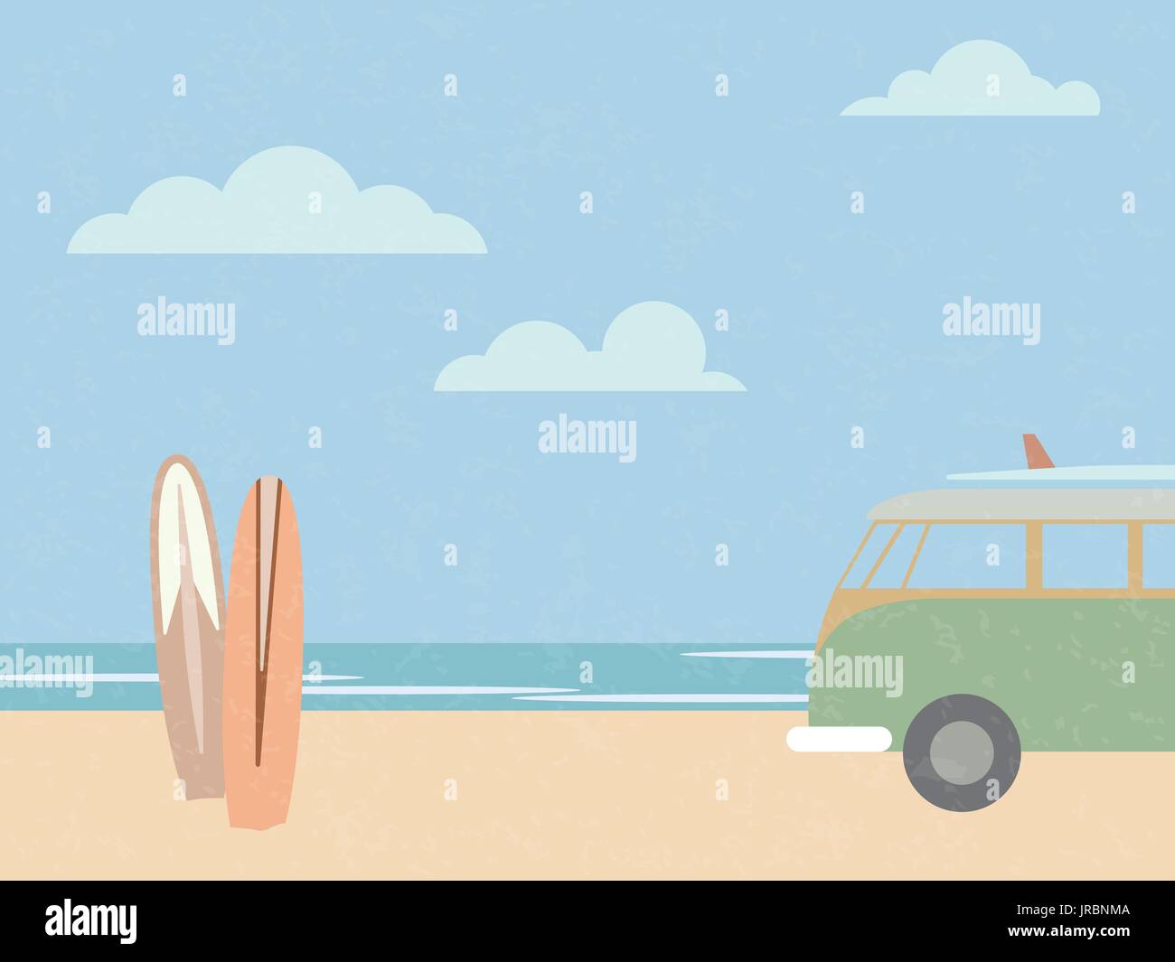 Vintage styled surfing scene illustration. Beach with surfboards and surfer van. Stock Vector