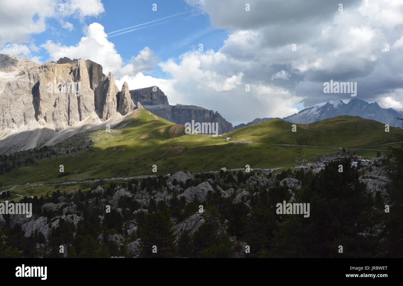 Panorama of the sella massif taken near the Sella pass under the Sasso Lungo. Stock Photo