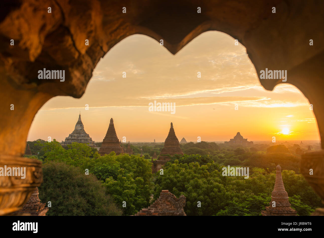 Beautiful sunrise over the ancient pagodas in Bagan, Myanmar Stock Photo