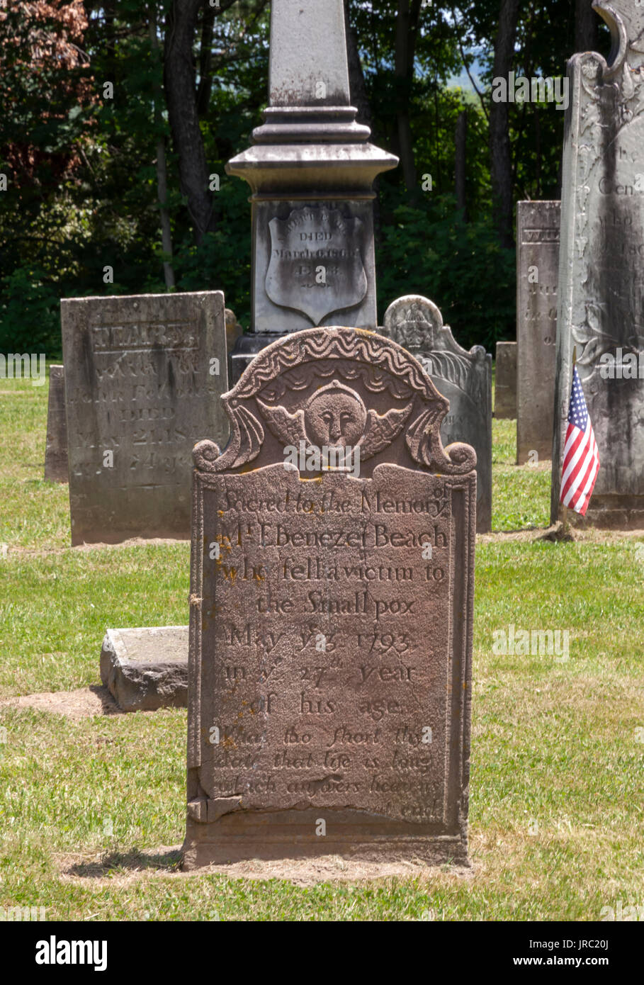 Gravestone of a male smallpox victim in the year 1793 from Sheffield, Massachusetts. Stock Photo