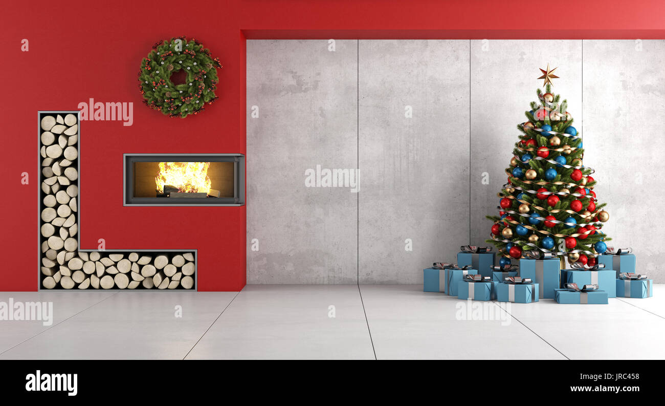 Modern living room with red fireplace , christmas tree and gif box- 3d rendering Stock Photo