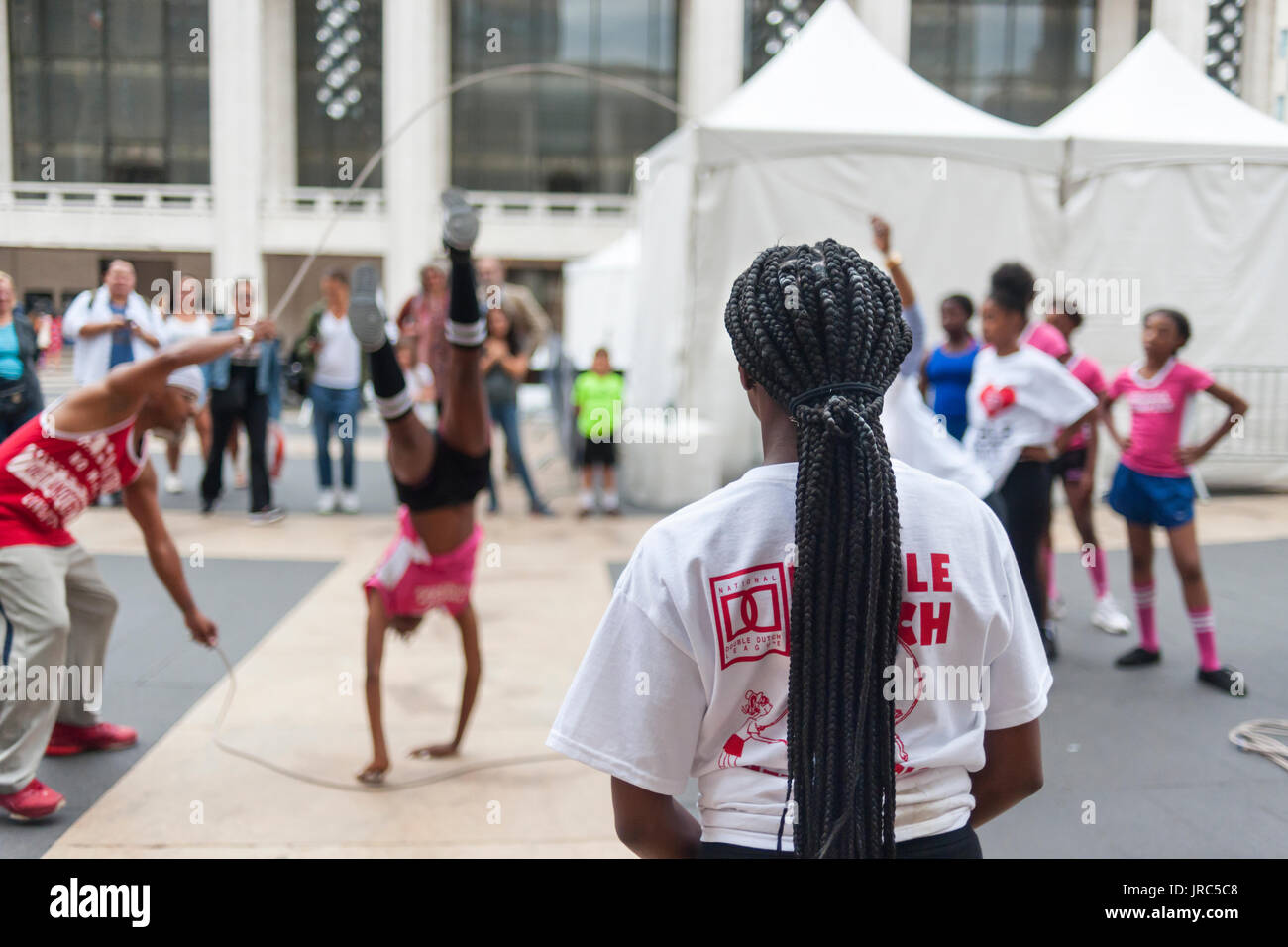 Double dutch teams practice in Lincoln Center in New York on Saturday