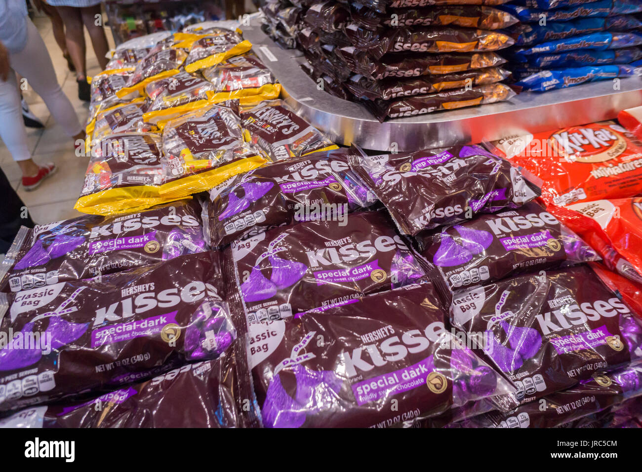 Bags of Kisses in the Hershey Store in Times Square in New York on Thursday, July 27, 2017. The Hershey Co. recently reported second-quarter profit that beat analysts' expectations. Cost-cutting and the reinvention of products are cited. (© Richard B. Levine) Stock Photo