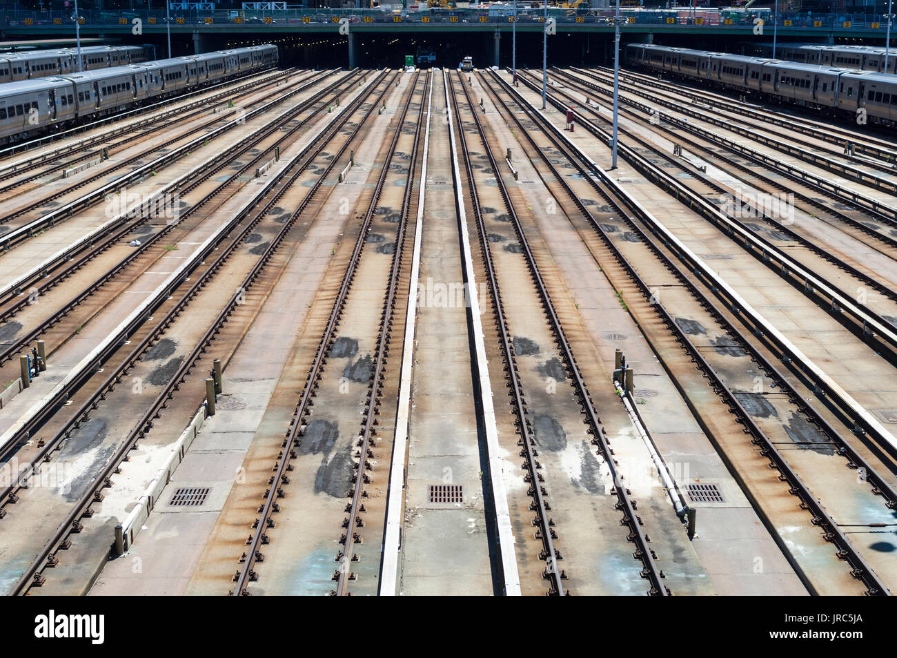 Empty tracks in the Hudson Yards leading into Penn Station on Sunday, July 30, 2017 as Amtrak repairs interlockings and other infrastructure. Service is severely disrupted over the summer causing commuters to use alternative routes. (© Richard B. Levine) Stock Photo