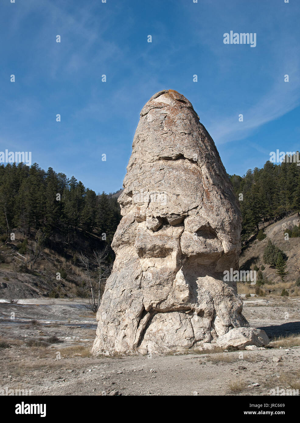 Liberty Cap at Yellowstone National Park, a result of buildup of travertine deposits, discovered in 1871. Stock Photo