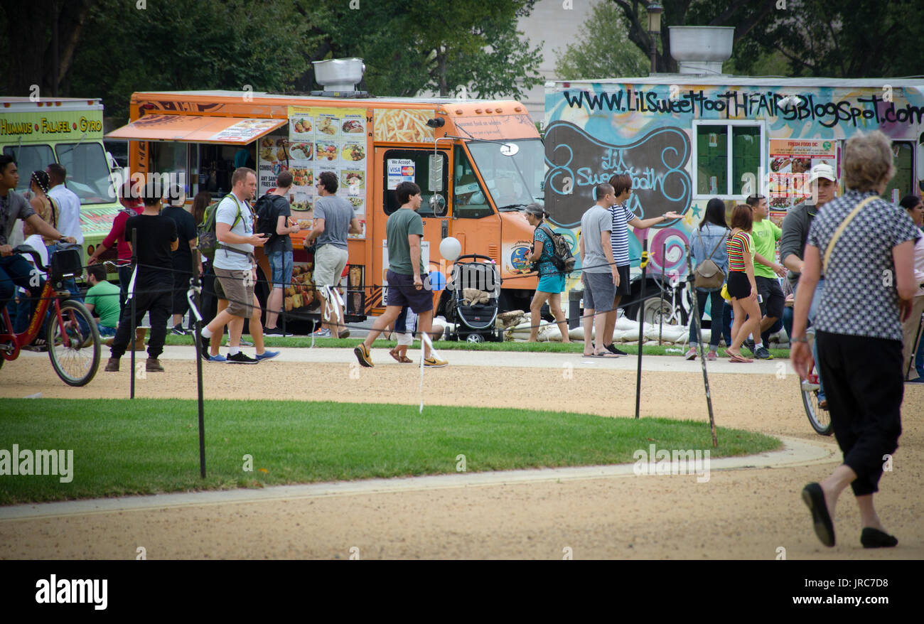 Food trucks on 7th St NW,near Smithsonian museums on the National Mall in Washington, DC. Stock Photo