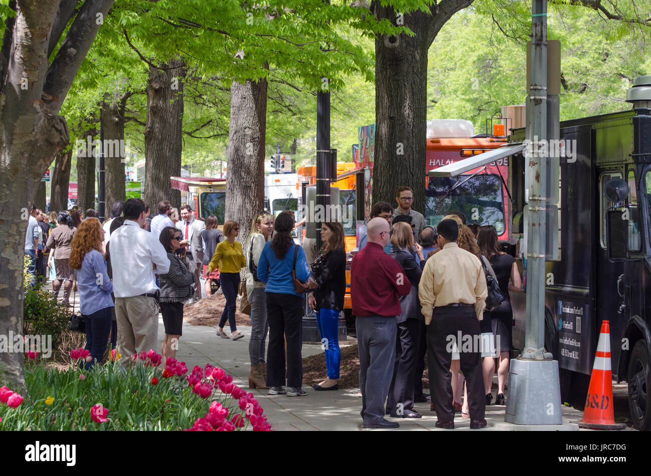 Food trucks line a street in the Foggy Bottom neighborhood of