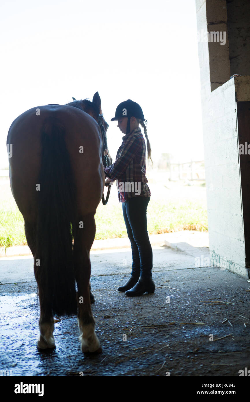 Teenage girl standing with horse in the stable Stock Photo - Alamy