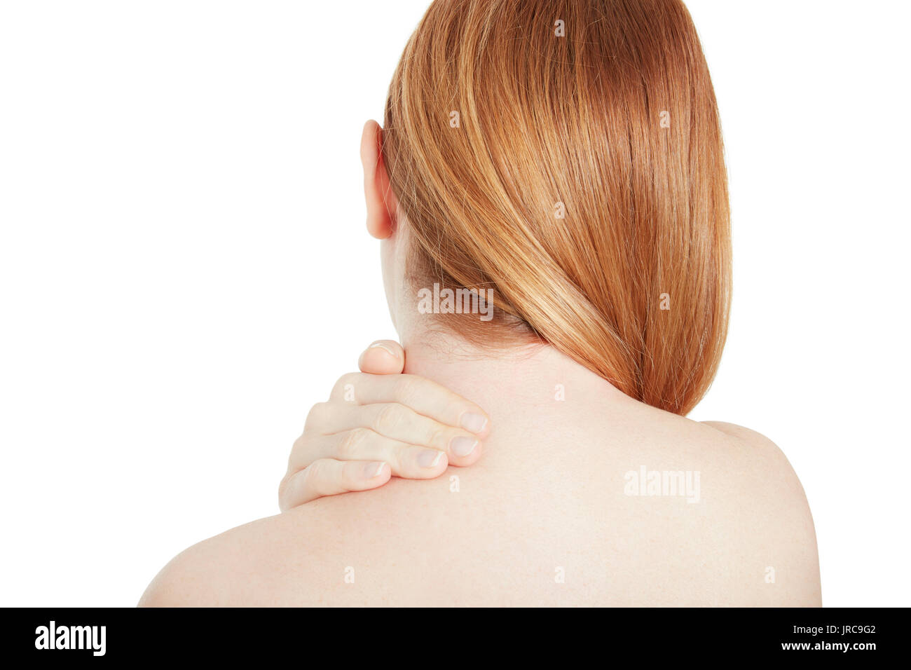 Neck pain, woman holding hand on painful area isolated on white, clipping path Stock Photo