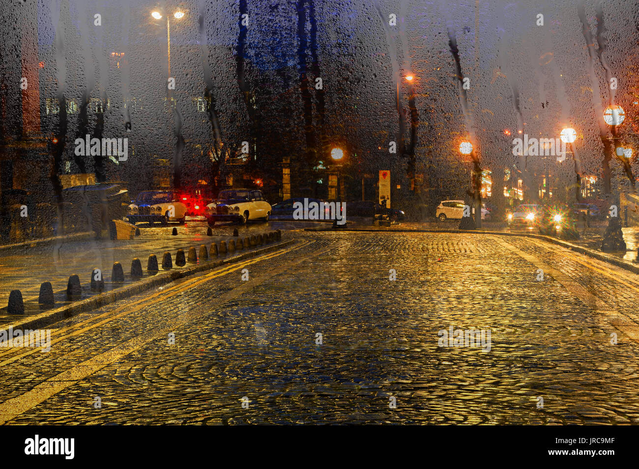 Looking through a misty window with raindrops at William Brown St  Liverpool UK Stock Photo