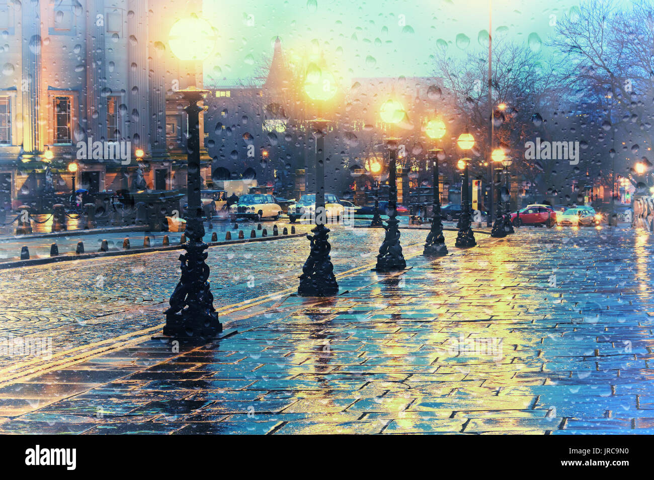 Looking through a misty window with raindrops at William Brown St  Liverpool UK Stock Photo
