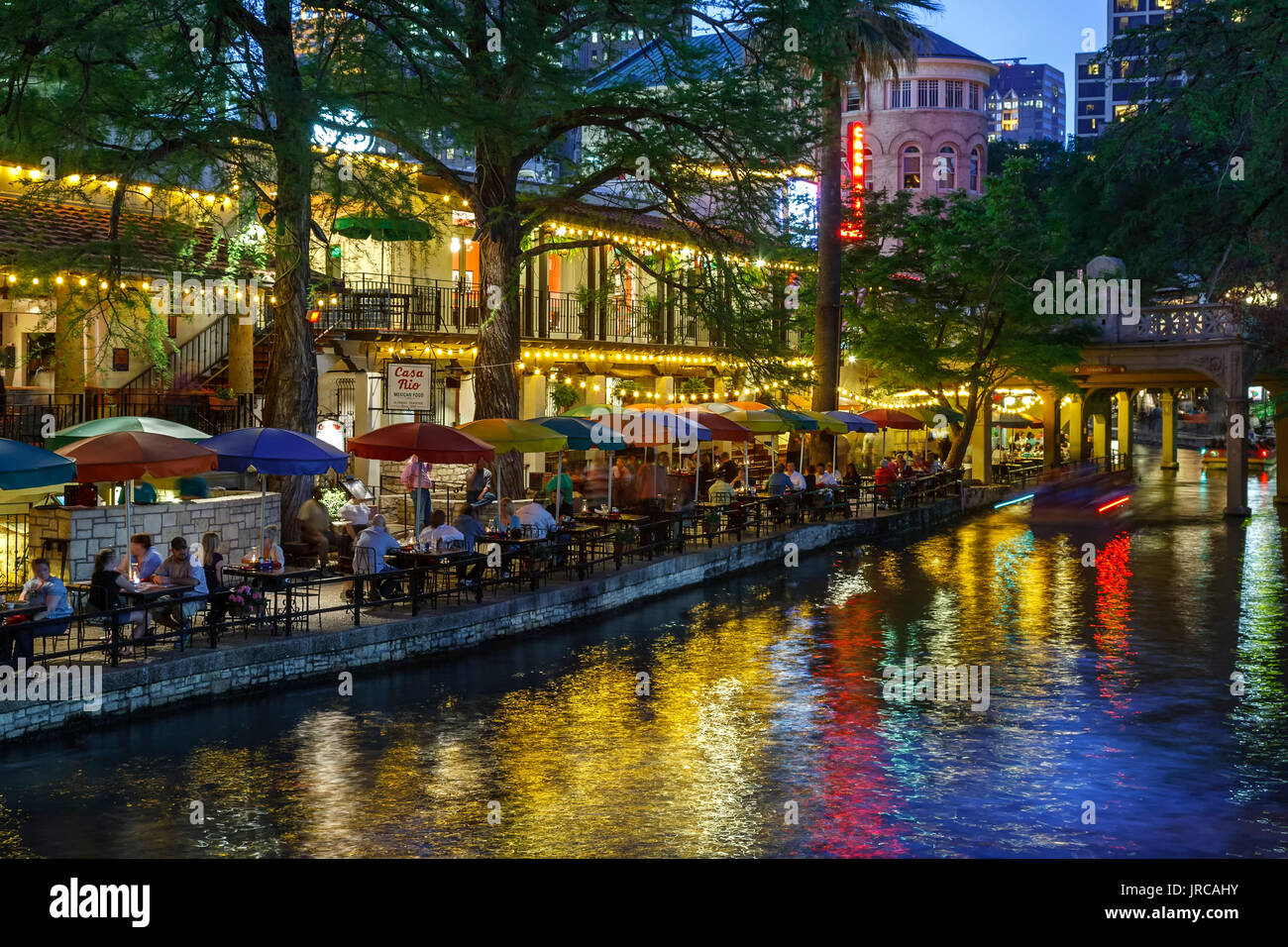 Colorful umbrellas, San Antonio River and Riverwalk, San Antonio, Texas USA Stock Photo