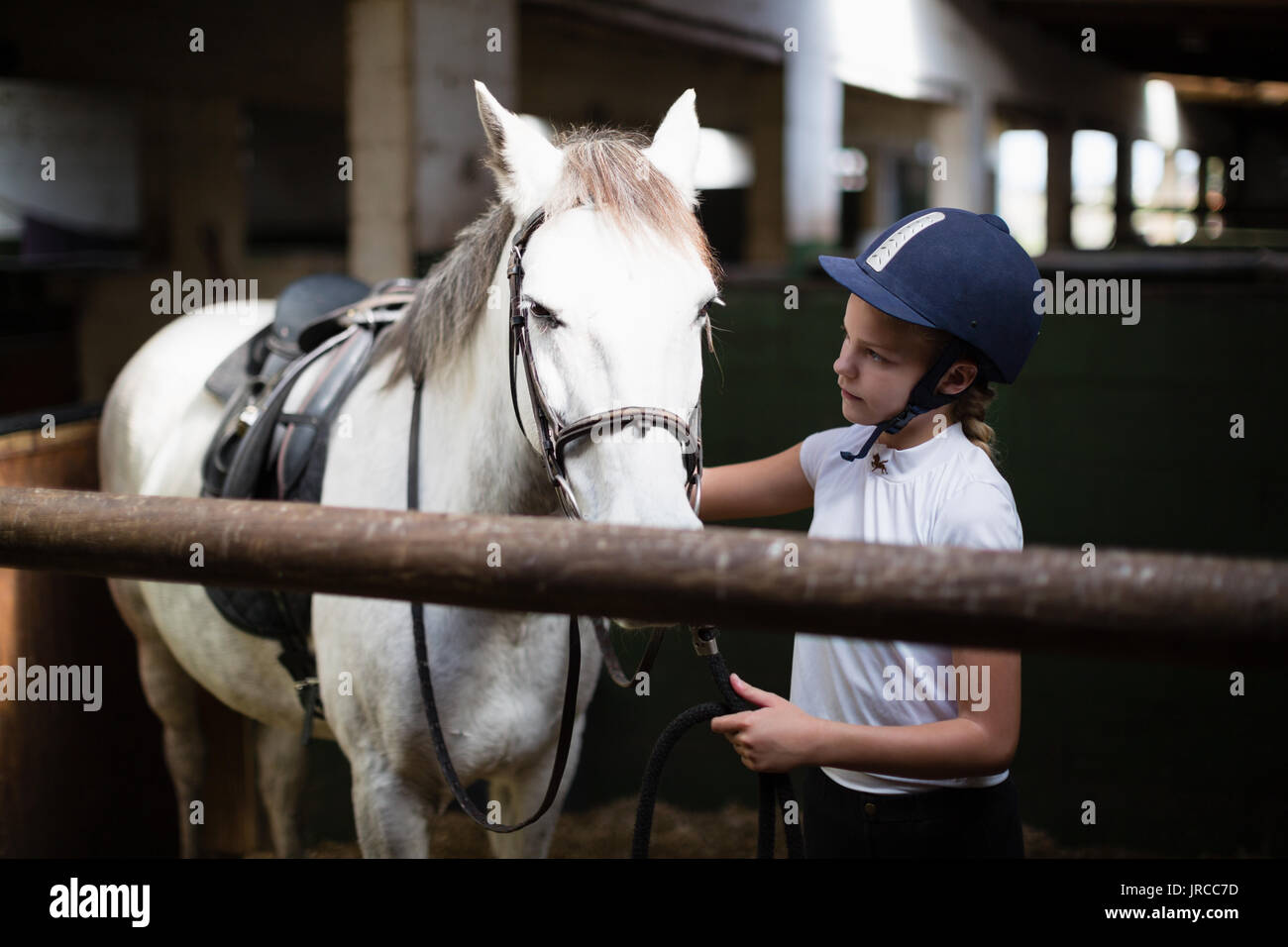 Teenage girl standing with horse in the stable Stock Photo - Alamy