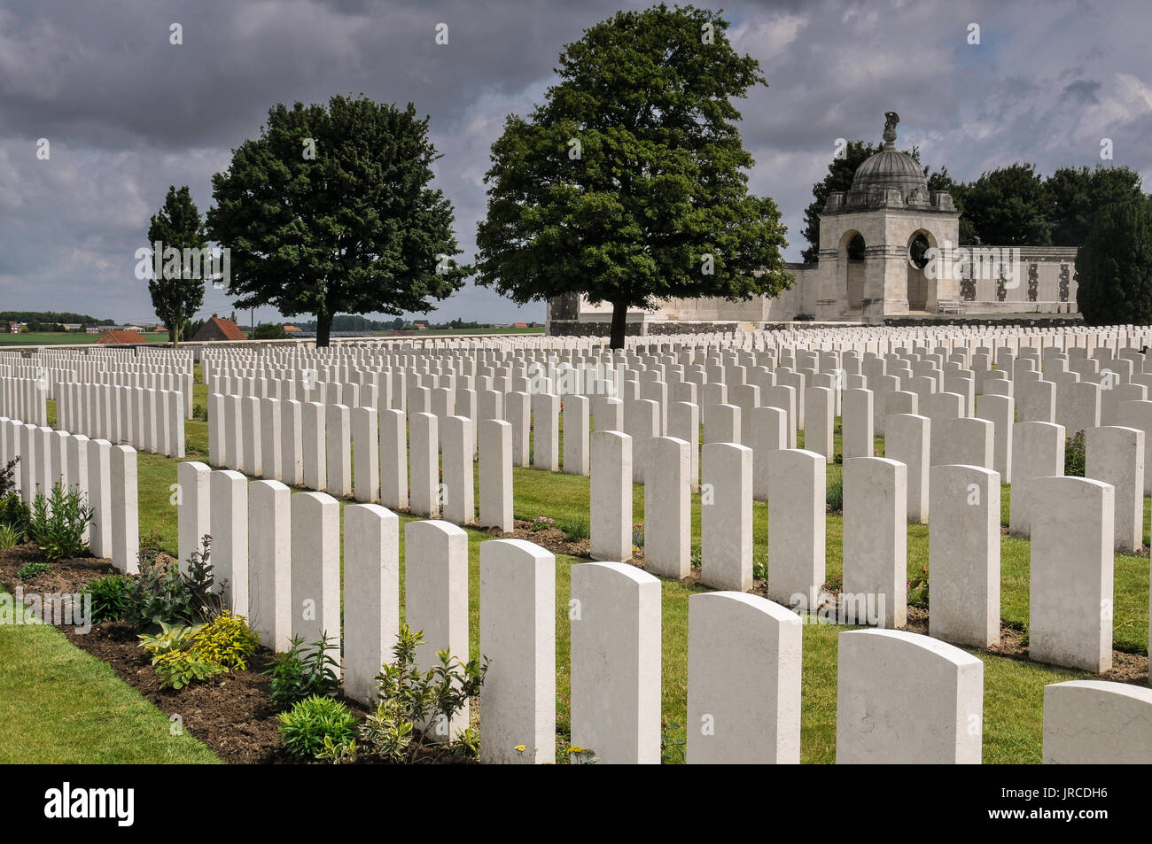 The poignant atmosphere of the World War 1 Commonwealth cemetery at Tyne Cot, Passchendaele, Zonnebeke, near Ypres in West Flanders, Belgium Stock Photo