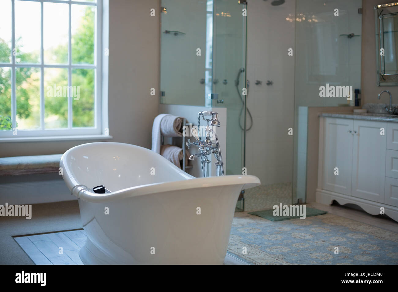 View of empty bathtub in bathroom Stock Photo Alamy