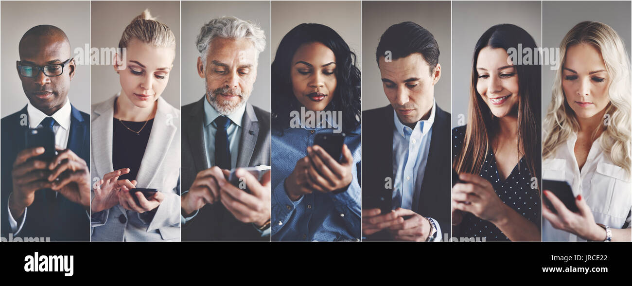 Collage of an ethnically diverse group of businessmen and businesswomen reading and sending text messages on cellphones Stock Photo